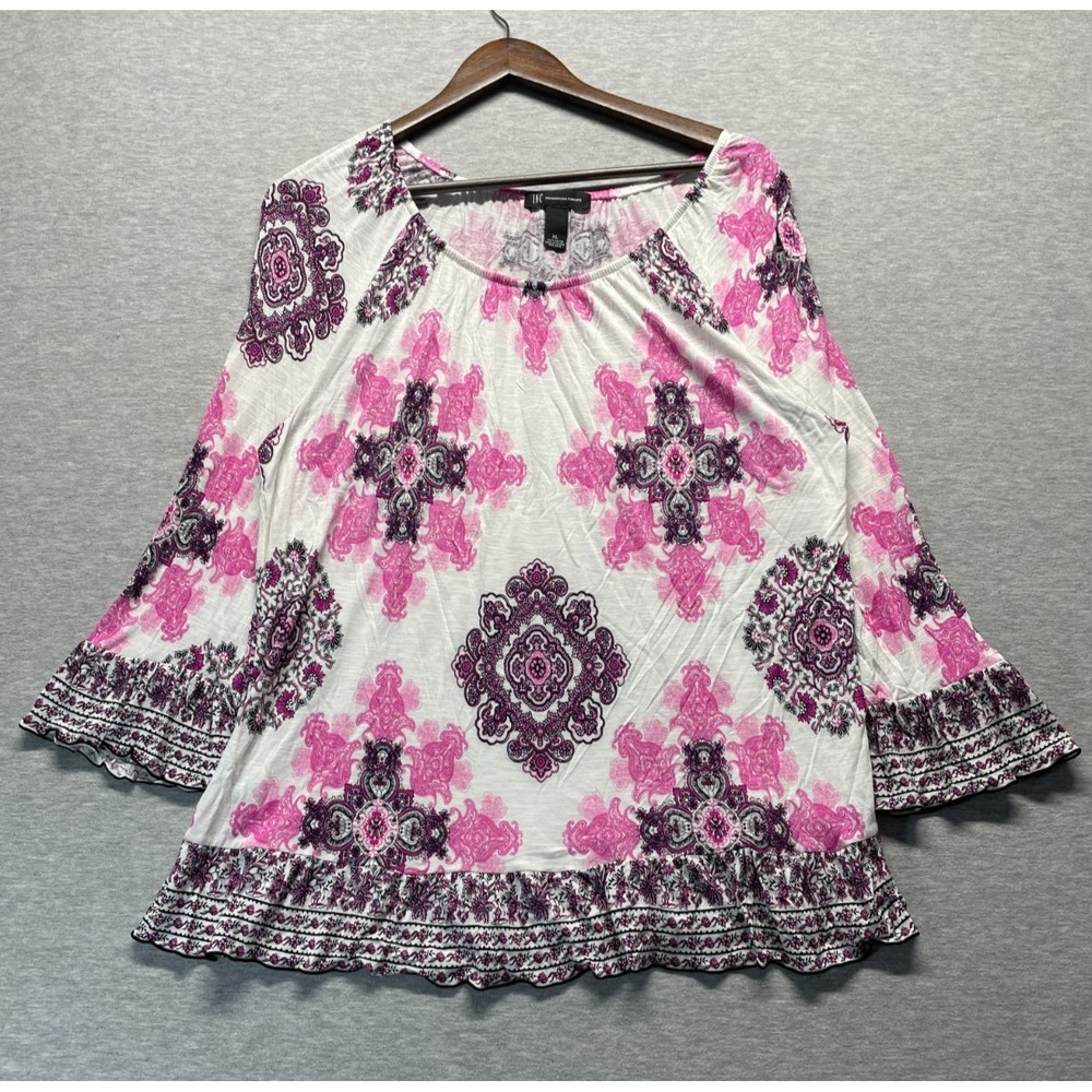 INC International Concepts Blouse XL Multicolor Medallion Ruffle Trim 3/4 Sleeve